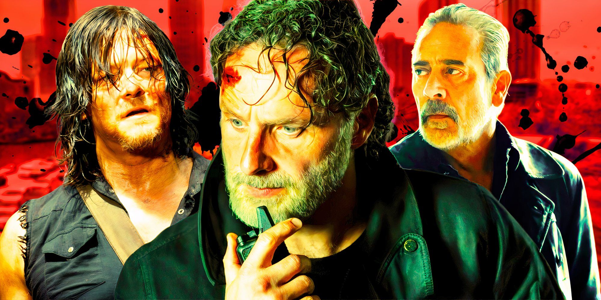 Norman Reedus as Daryl Dixon in The Walking Dead, Andrew Lincoln as Rick Grimes in The Ones Who Live, and Jeffrey Dean Morgan as Negan in Dead City