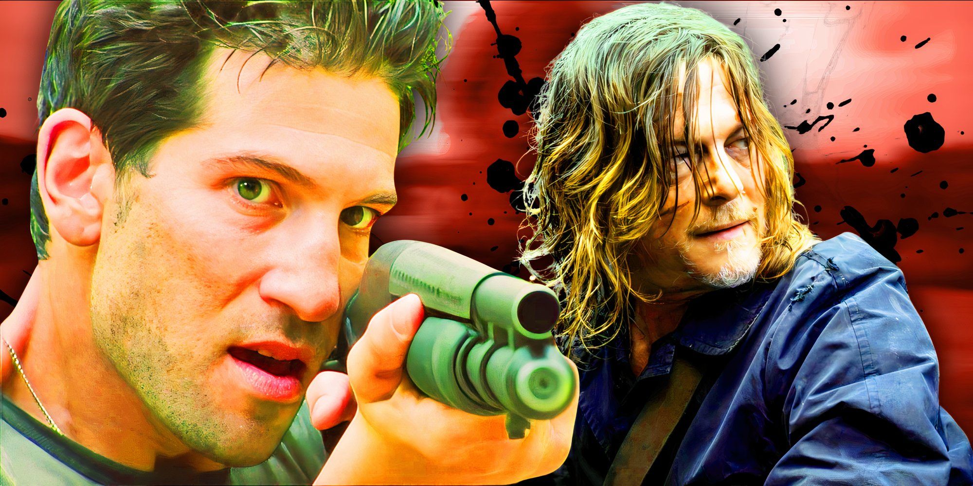 Norman Reedus as Daryl Dixon looking to the side in The Walking Dead: Daryl Dixon and Jon Bernthal as Shane Walsh holding a shotgun in The Walking Dead