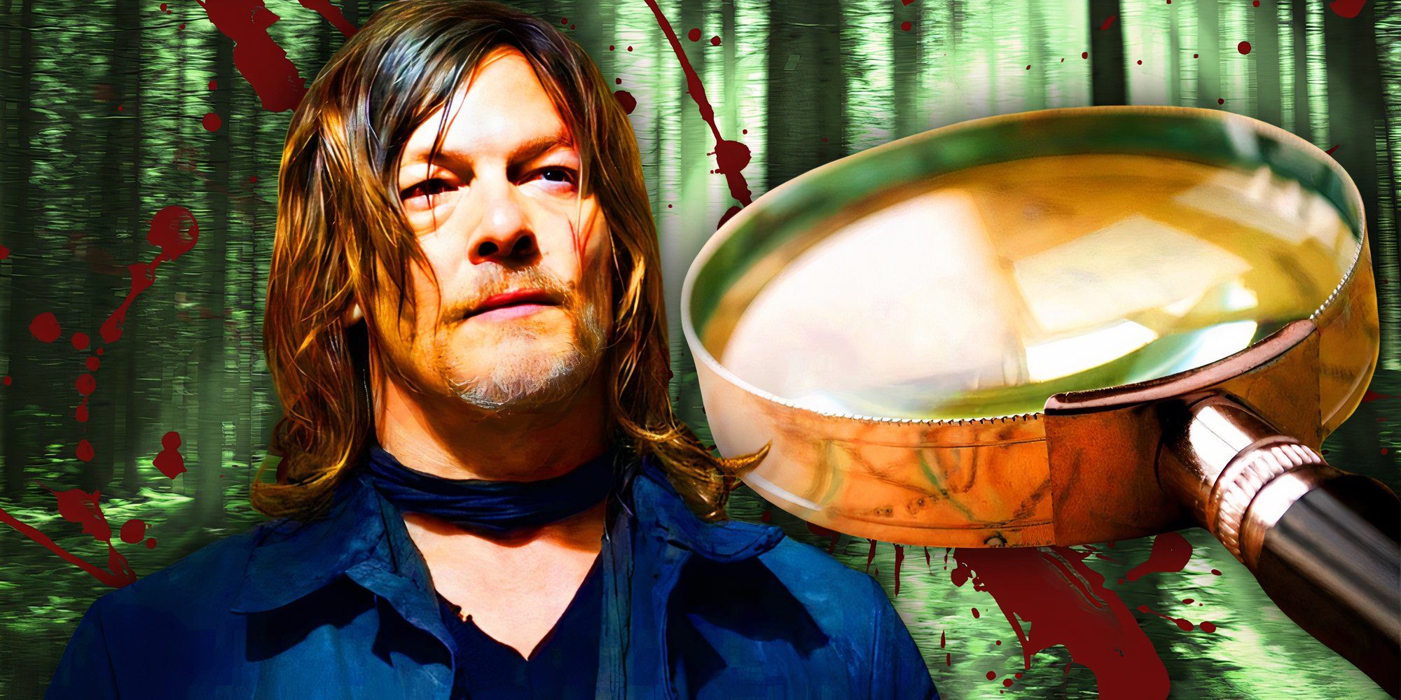 Norman Reedus as Daryl Dixon in The Walking Dead: Daryl Dixon next to a magnifying glass with blood splatters in the background