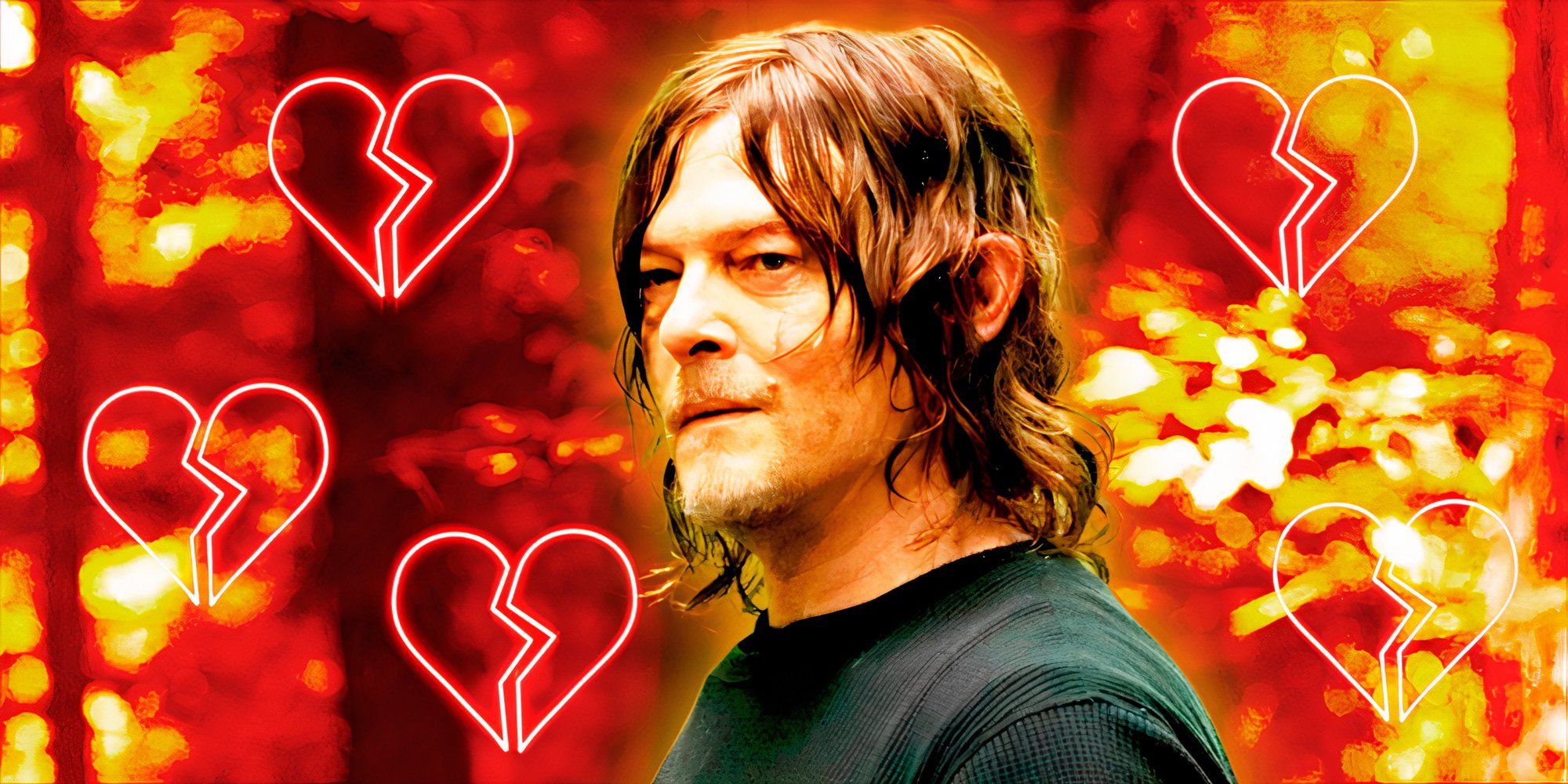 Norman Reedus as Daryl Dixon in The Walking Dead surrounded by broken love hearts