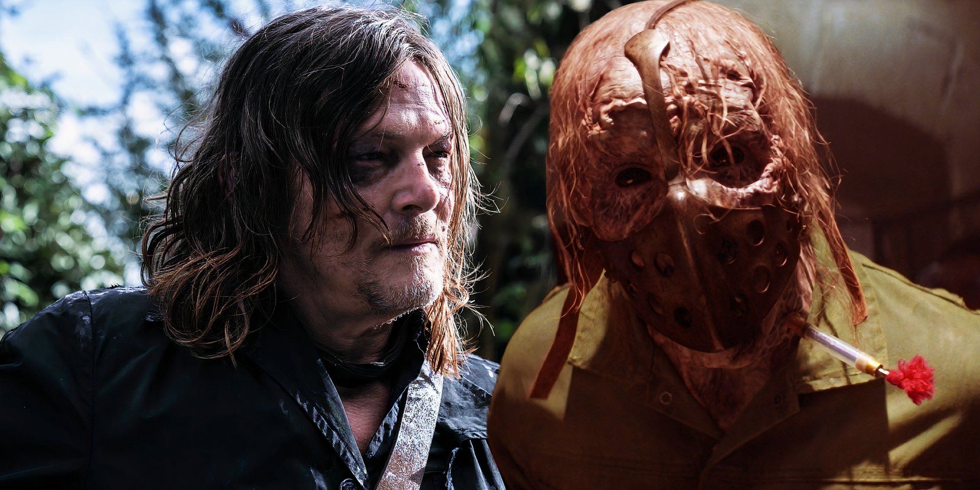 Norman Reedus as Daryl in Daryl Dixon next to a zombie wearing a mask in The Walking Dead: Daryl Dixon