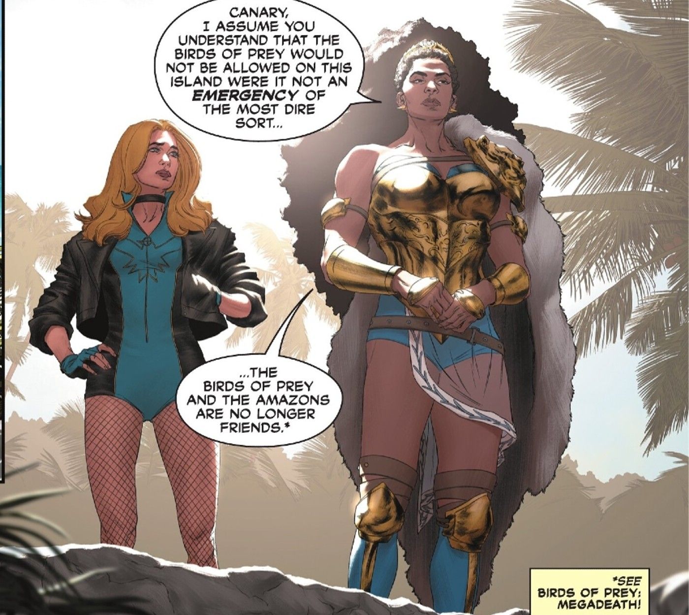 Nubia y Black Canary hablan mientras Cassandra Cain, Birds of Prey y Batgirl se separan fuera del panel en la historia de respaldo de Batman #152