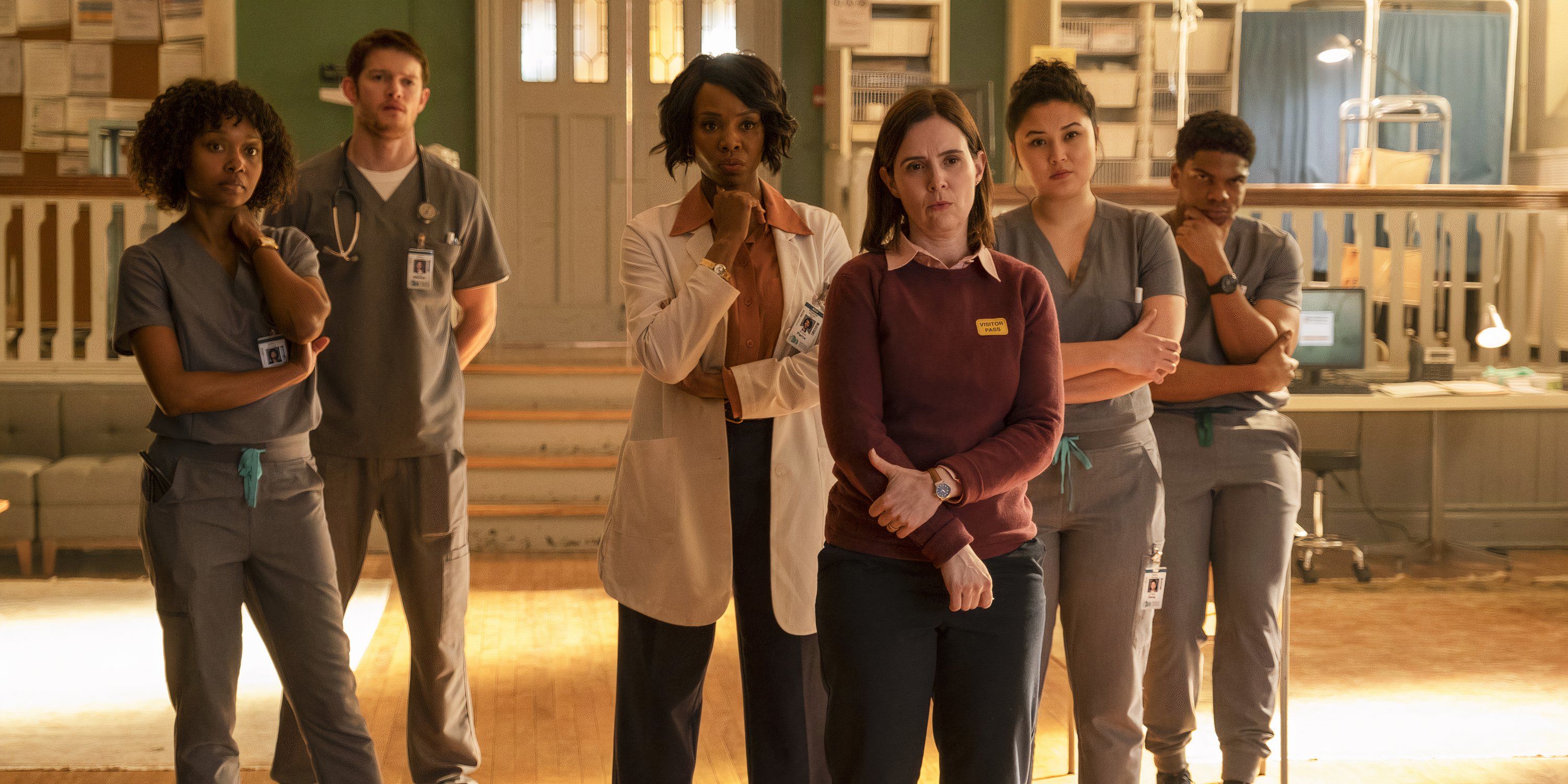 Ashleigh LaThrop as Dr. Ericka Kinney, Alex MacNicoll as Dr. Van Markus, Tamberla Perry as Dr. Carol Pierce, Amy Stewart as Child Protective Agent, Aury Krebs as Dr. Dana Dang, and Spence Moore II as Dr. Jacob Nash in the Brilliant Minds pilot.