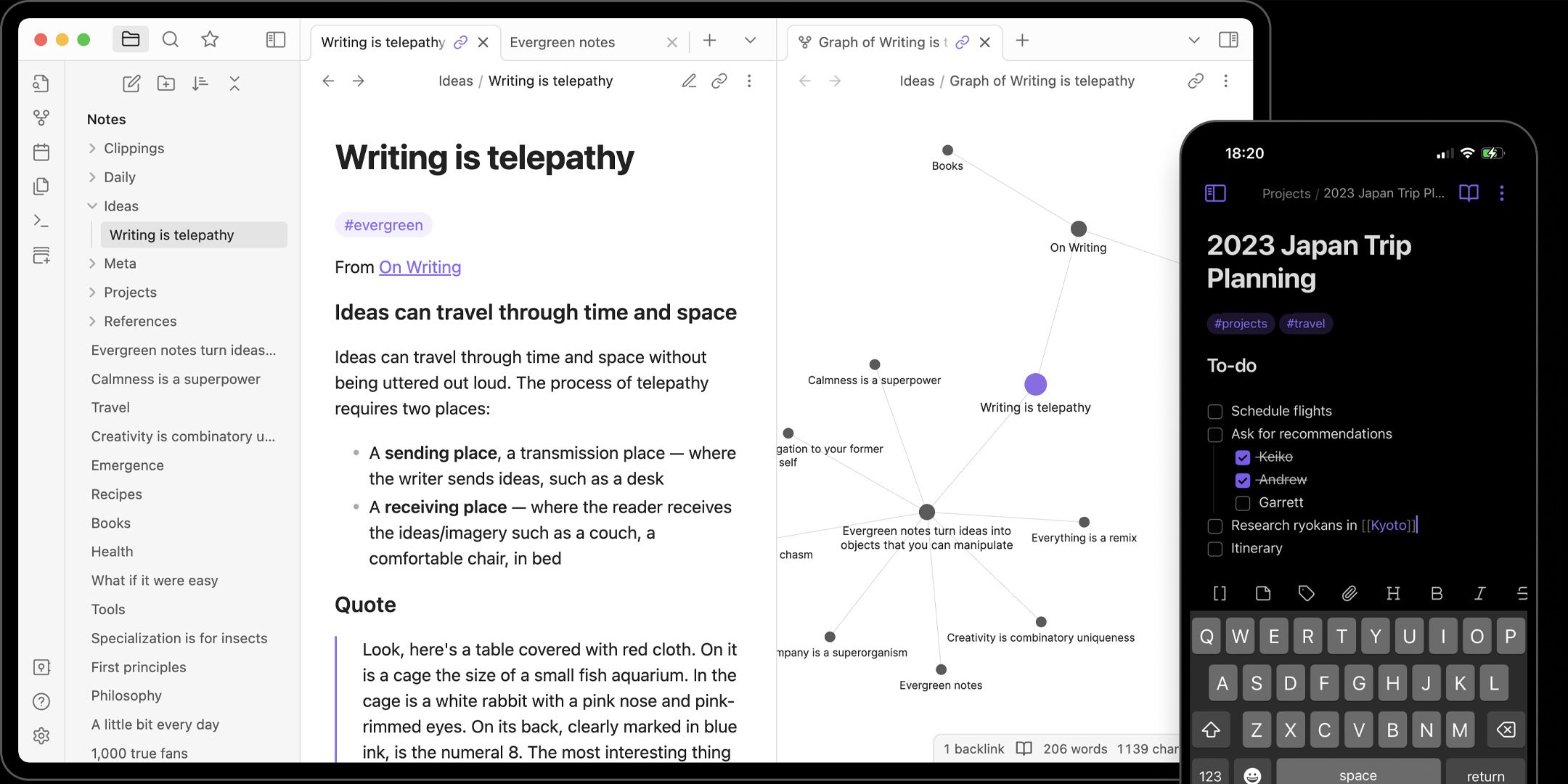 A promotional image of the note-taking app Obsidian being used on a Mac and a phone side-by-side.