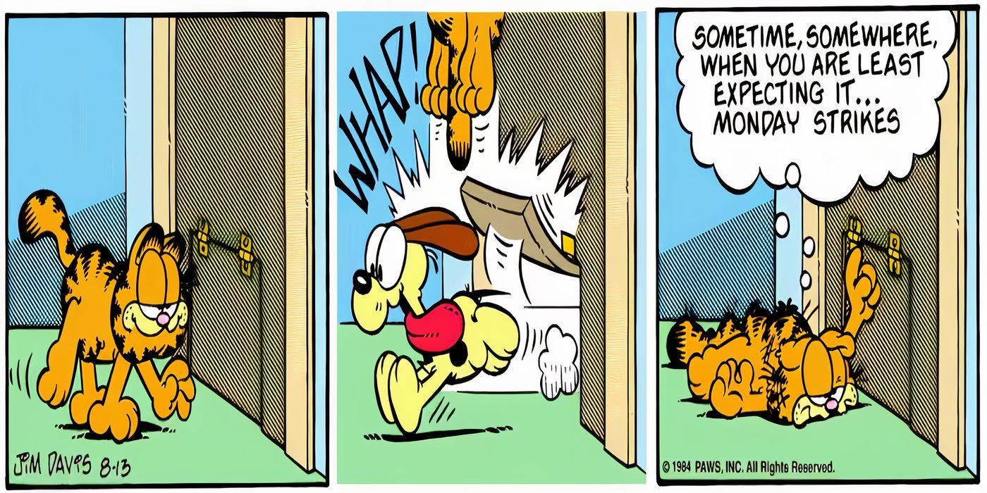 Odie corre fuori dalla porta per cani e si scontra con Garfield.