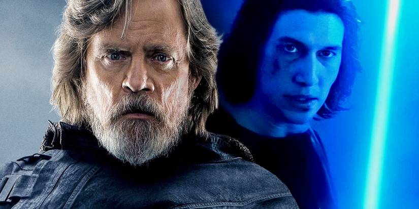 old luke skywalker and ben solo aka kylo ren with a blue lightsaber