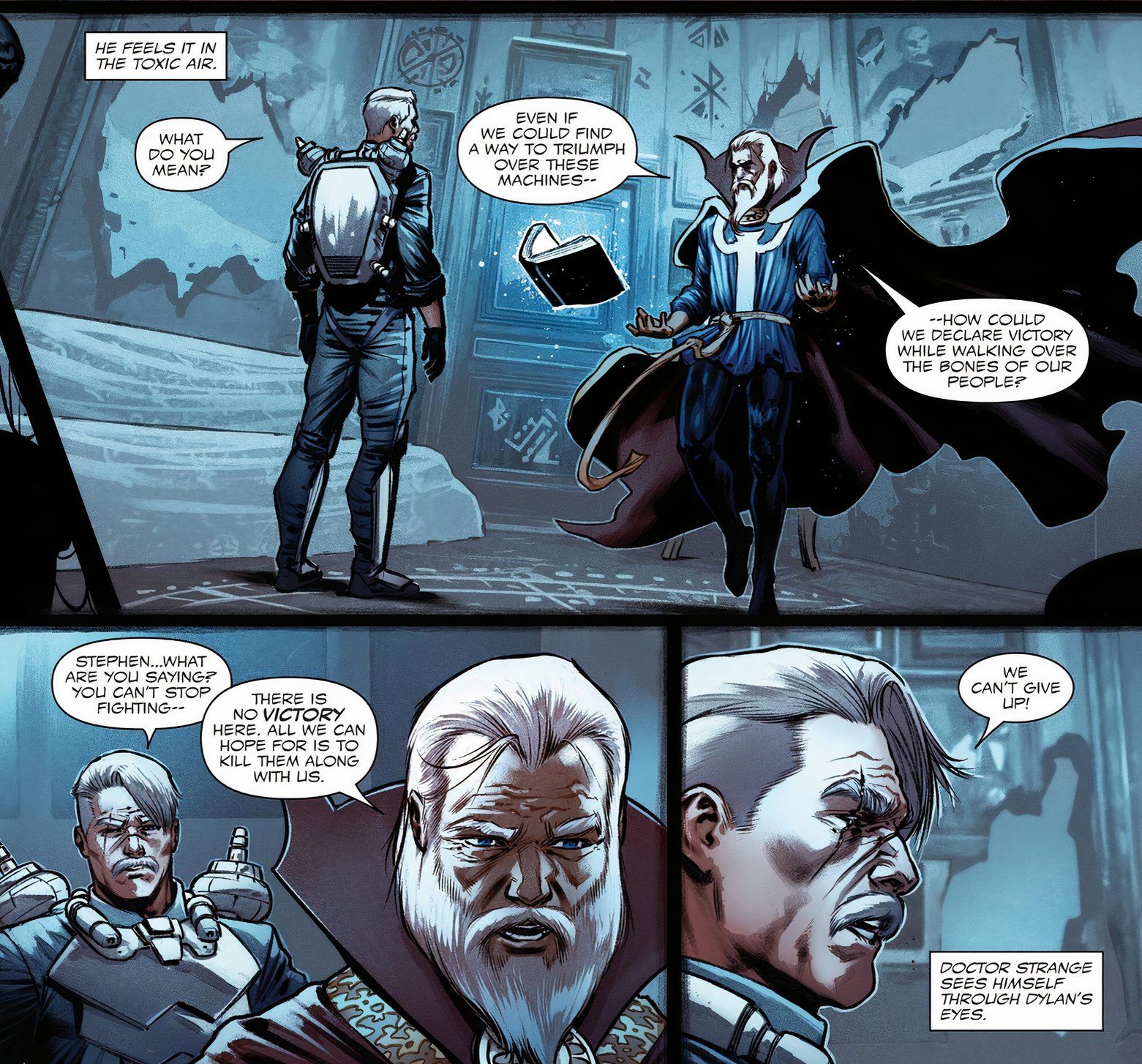 Paneles de cómics: El Viejo Venom y el Viejo Strange hablan entre sí.