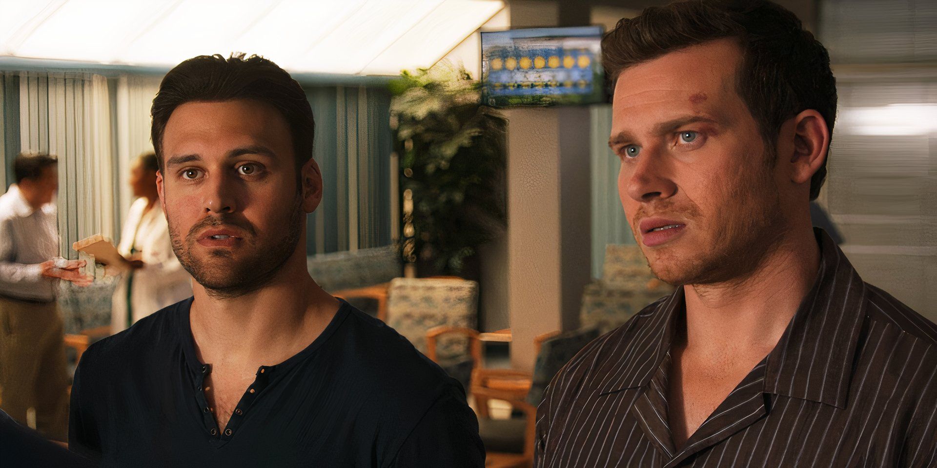 Oliver Stark and Ryan Guzman in 911 season 7, episode 10, as Buck and Eddie