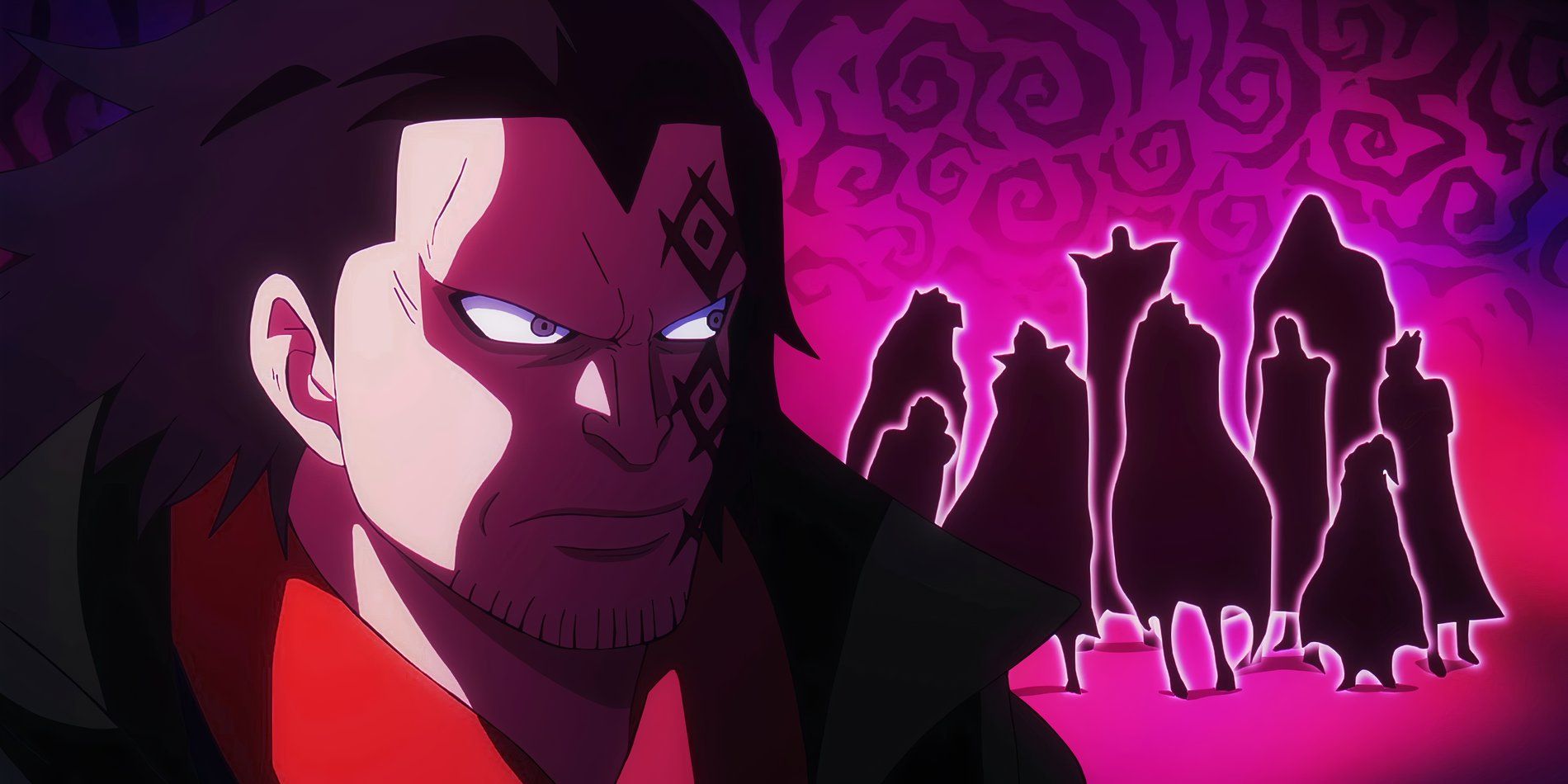 One Piece anime Episode 1117 shows Luffy's dad, Monkey D. Dragon, looking ominous while nine silhouettes of the the Holy Knights stand in the background.