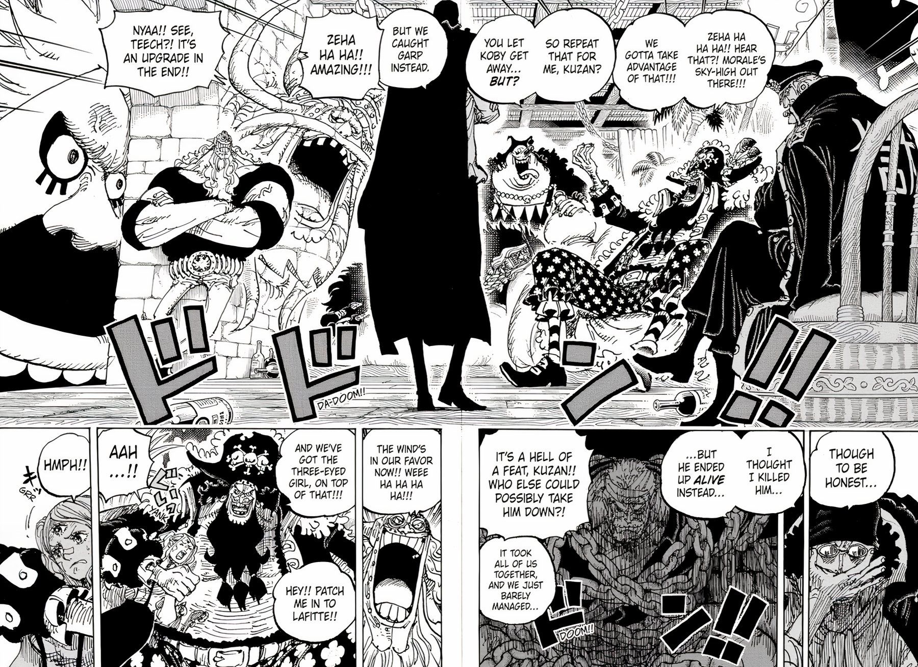 A imagem do painel One Piece Manga do capítulo 1126 mostra a tripulação do Barba Negra reunida na ilha Fullalead falando sobre seus novos reféns Garp e Pudding.