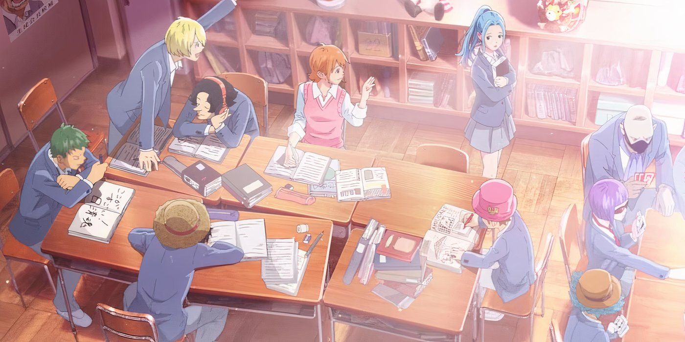 The Straw Hats draw in a school setting from the Nissan Instant Ramen short 