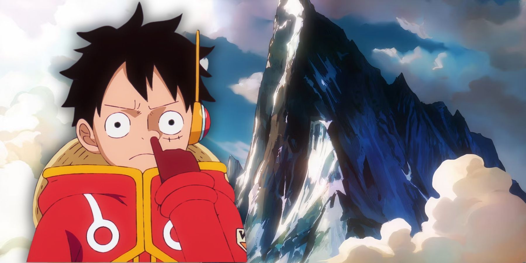 Luffy in his Egghead outfit poking his nose as a glimpse of Elbaf is in the background.