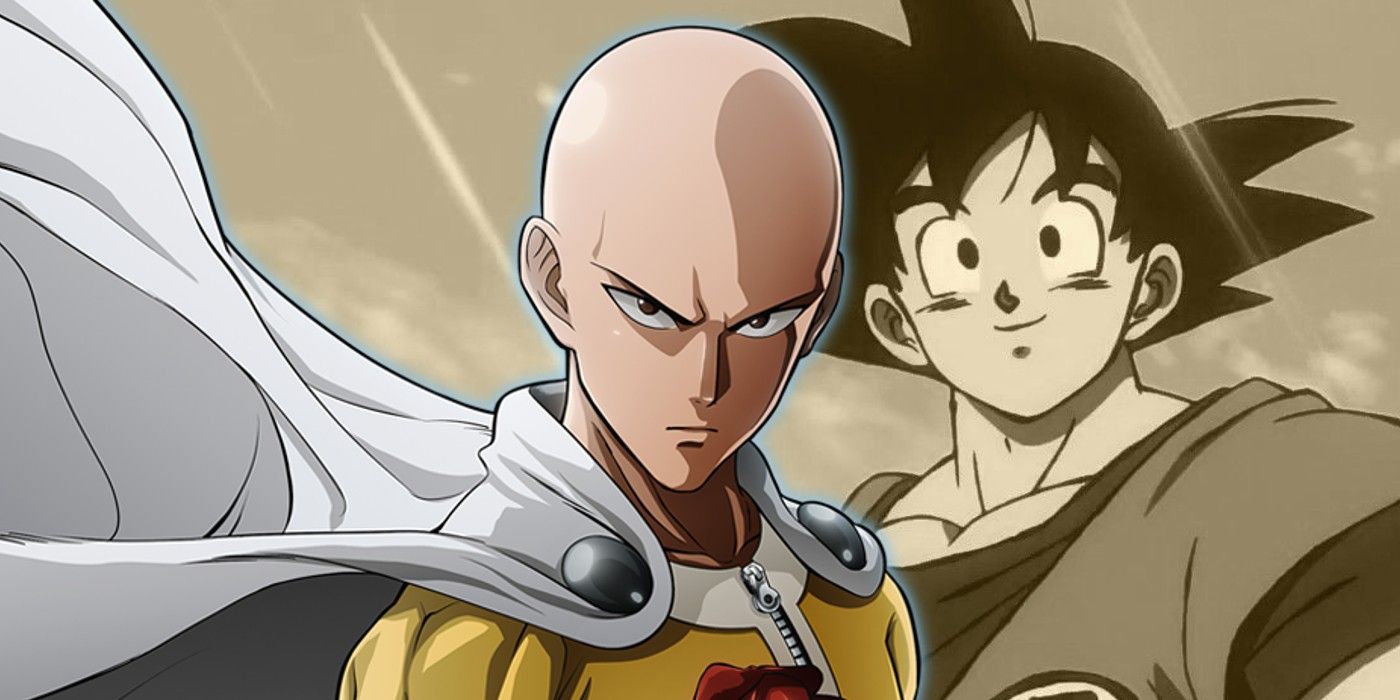 Saitama stares fiercely while Goku smiles in the background