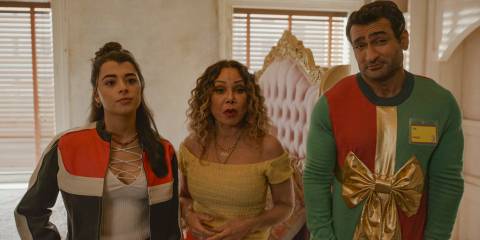 Ana (Lilian Rebelo), Inez (Daphne Rubin-Vega) and Rudy (Kumail Nanjiani) make Mabel part of the mystery of Dudenoff's apartment in Only Murders in the Building Season 4 Episode 4