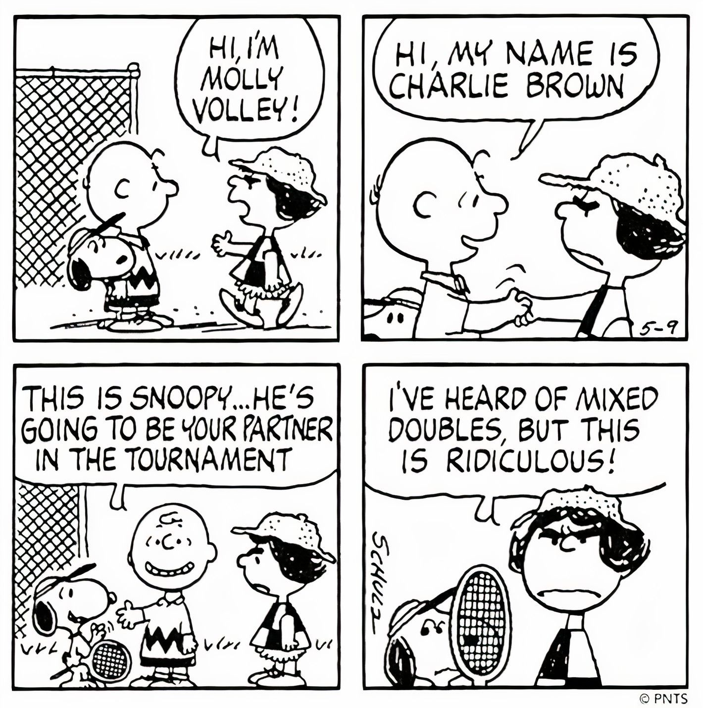 Peanuts, nova personagem Molly Volley está consternada por fazer parceria com Snoopy em um torneio de duplas