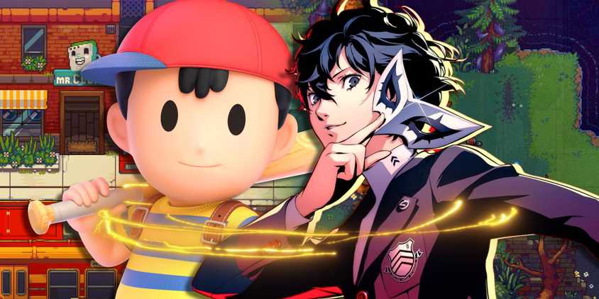 Ness from Earthbound on the left, Joker from Persona 5 on the right, and gameplay from Bloomtown: A Different Story in the background.