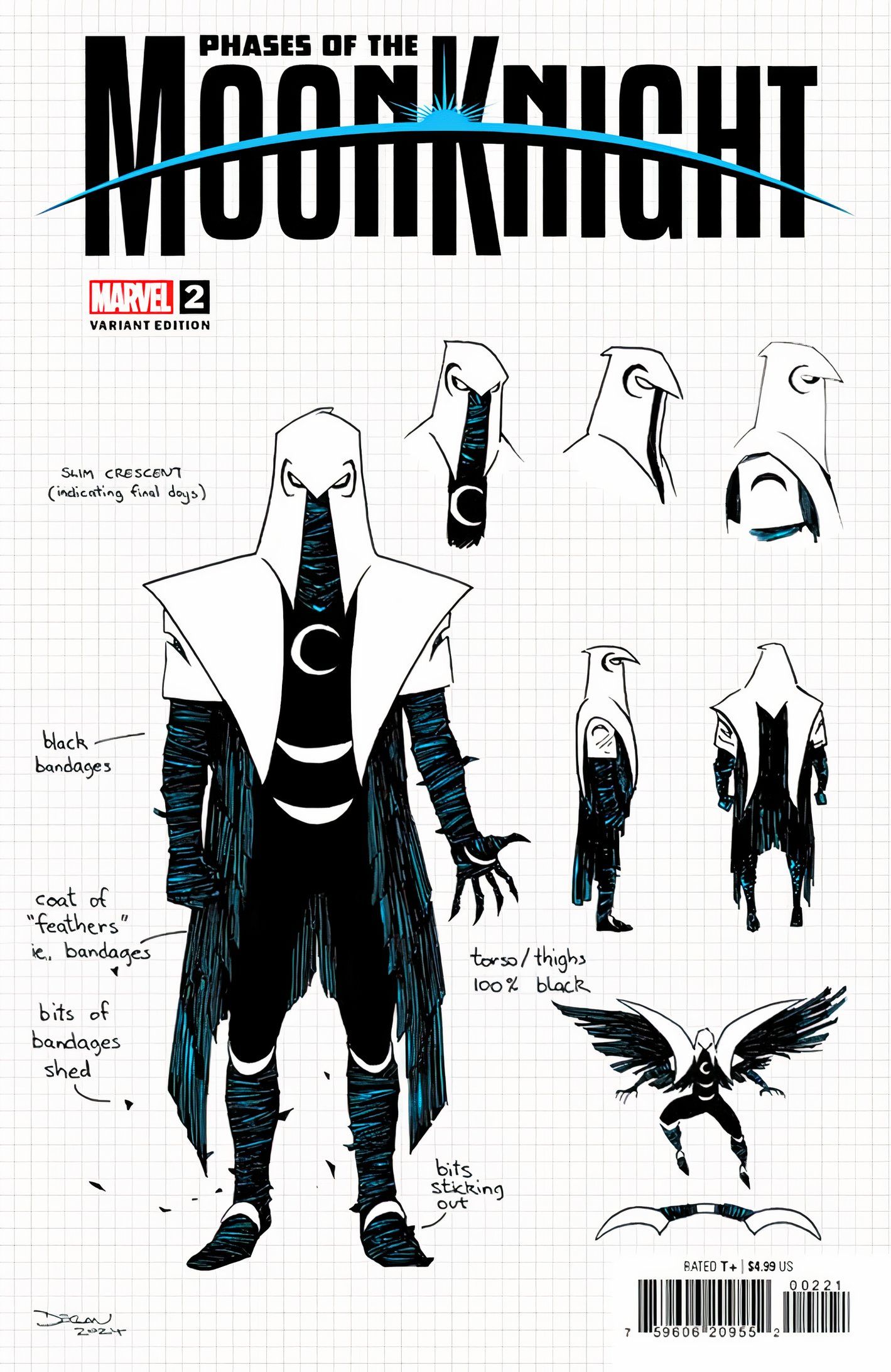 Capa de Phases of the Moon Knight #2, apresentando a arte conceitual de Declan Shalvey para o novo design do Moon Knight