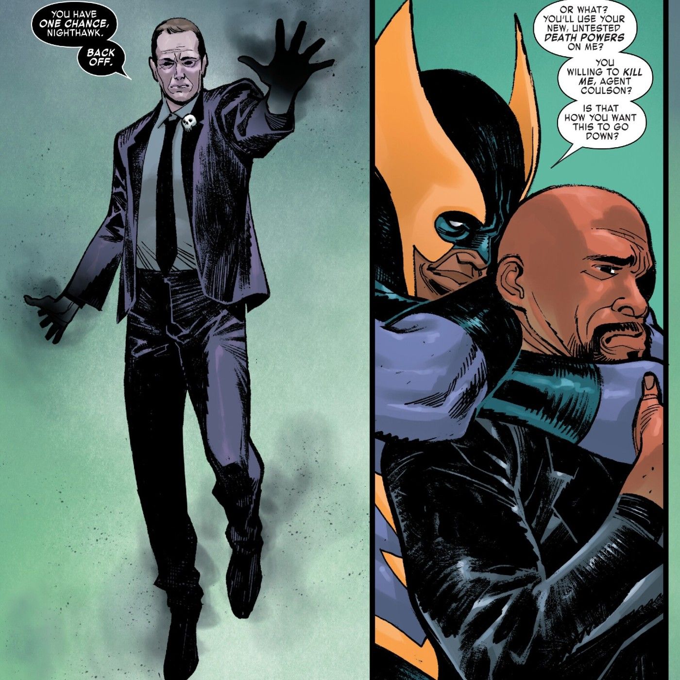 Phil Coulson ameaça Nighthawk enquanto ele sufoca Nick Fury