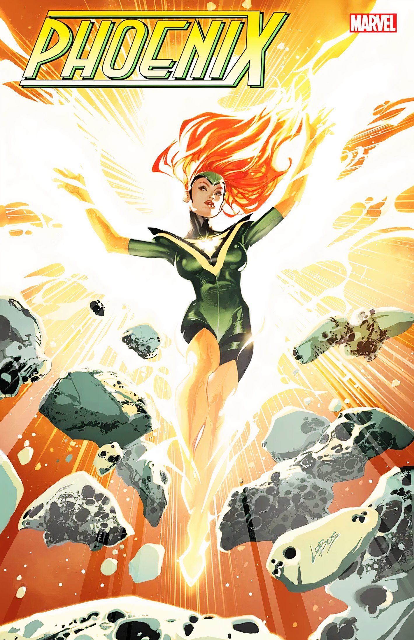 Capa da variante Phoenix # 6, Jean Grey no espaço explodindo escombros para longe dela