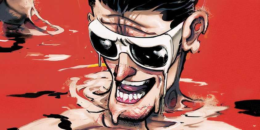 Comic book art: a close up of Plastic Man's face melting into red goo.