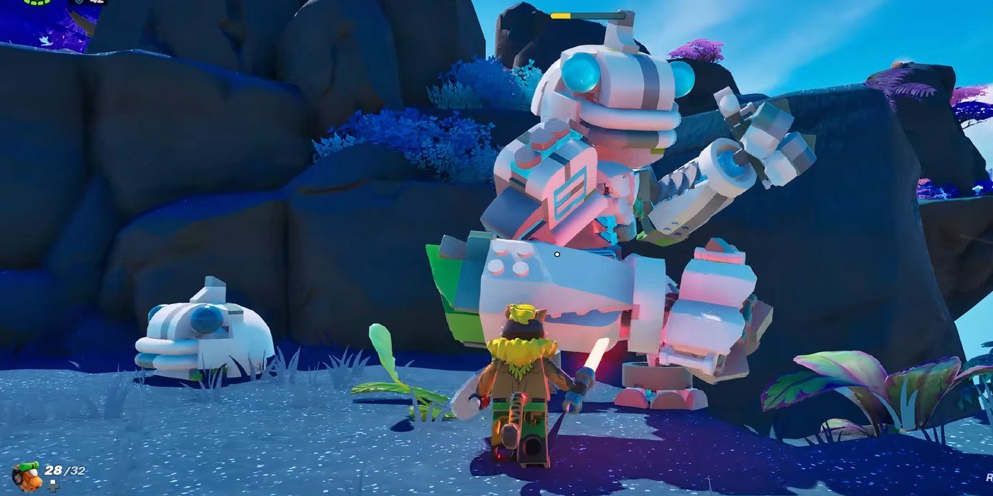 Jogador e Golem lutando em LEGO Fortnite