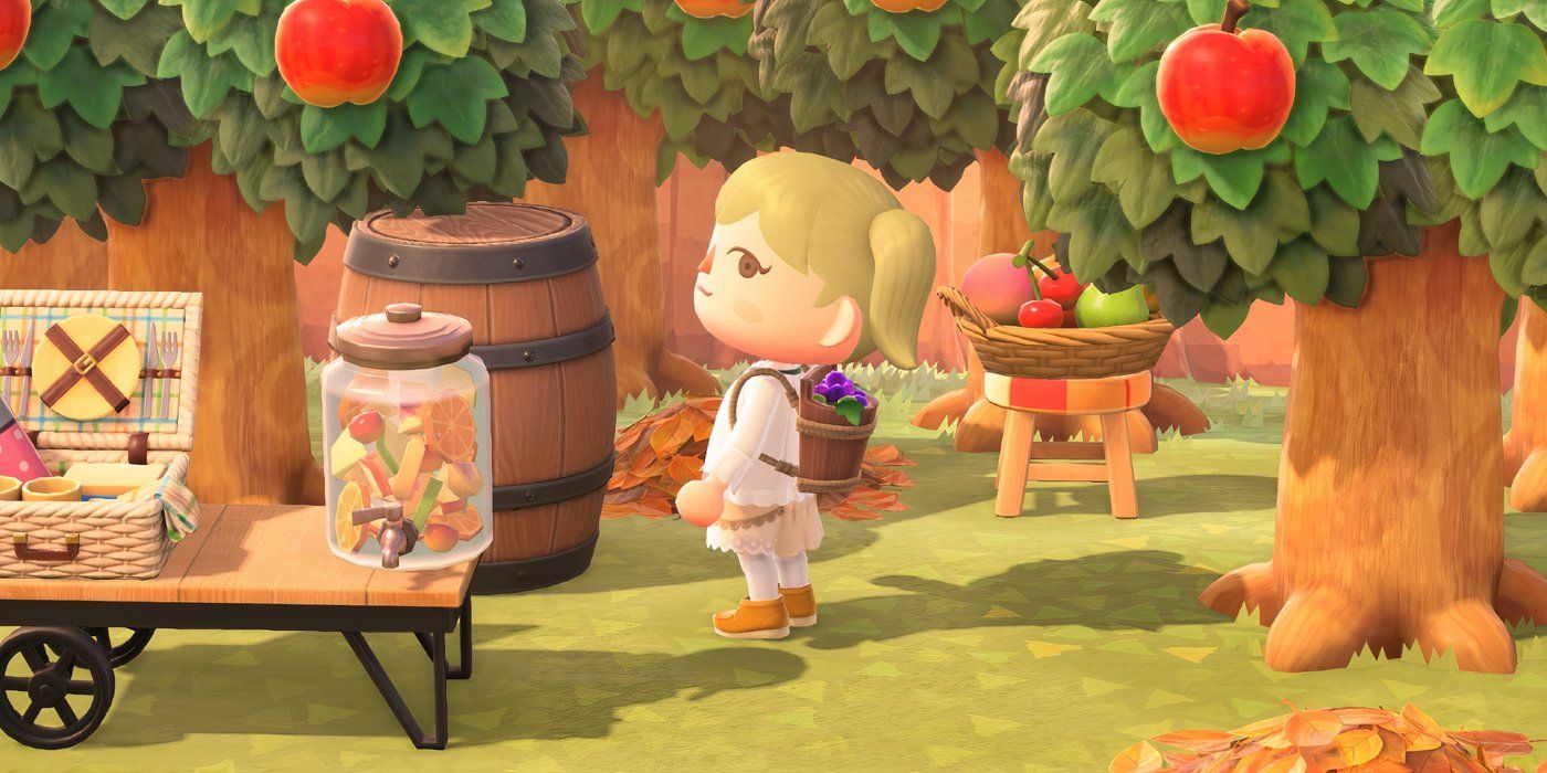 Player poses in Animal Crossing New Horizons surrounded by fall decorations and carrying the seasonal grape backpack.