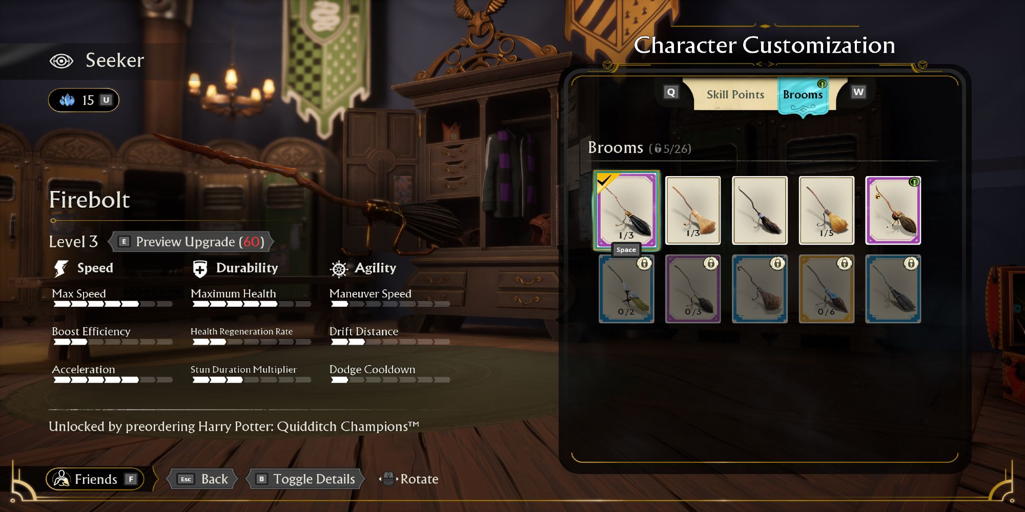 Jogador visualizando as estatísticas de velocidade, durabilidade e agilidade da vassoura Firebolt no vestiário em Harry Potter Quidditch Champions