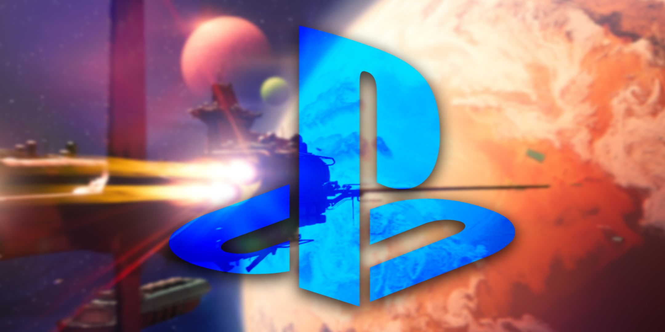 The PlayStation logo in front of an image of a ship approaching a planet from the video game Concord.