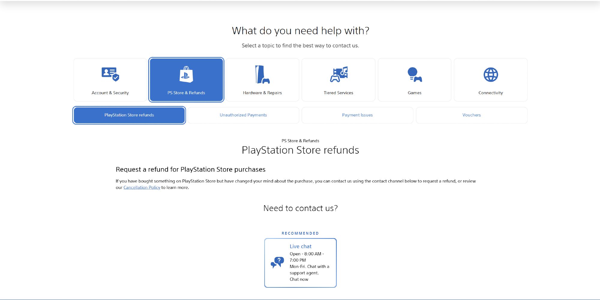 Strona pomocy technicznej PlayStation do składania wniosków o zwrot pieniędzy za gry i treści PlayStation 5