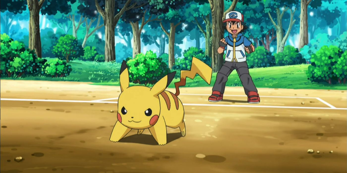 Ash y Pikachu luchan contra Snivy de Trip en Teselia.