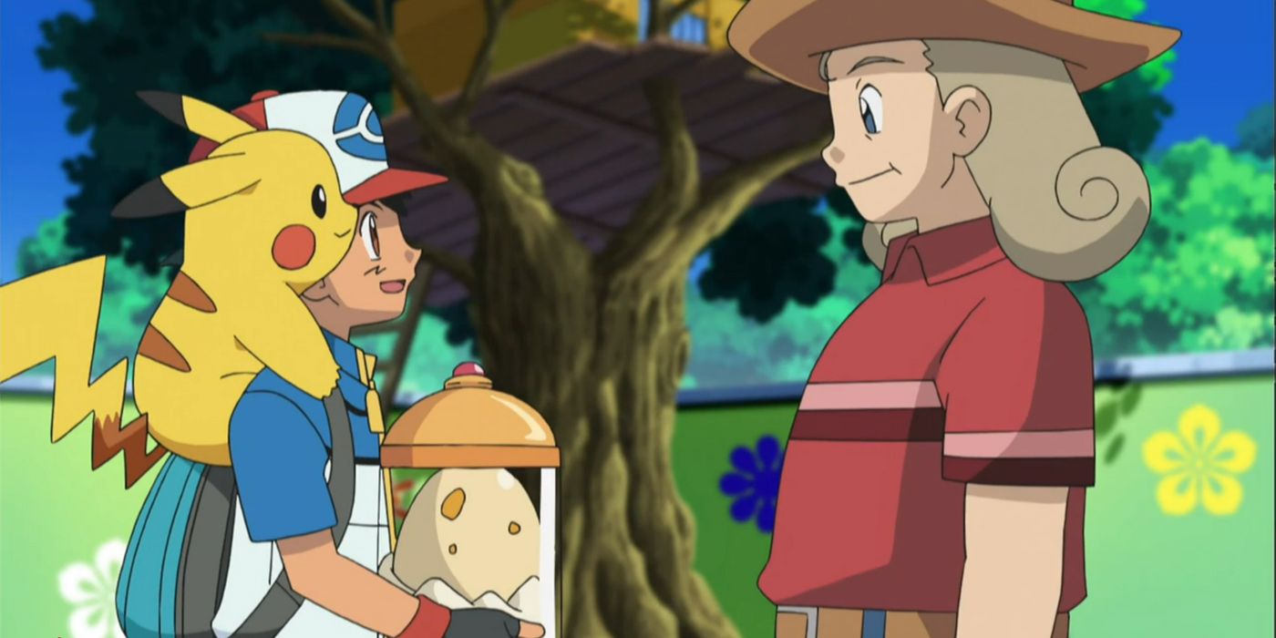 Ash recebe seu ovo Scraggy de um professor como recompensa.