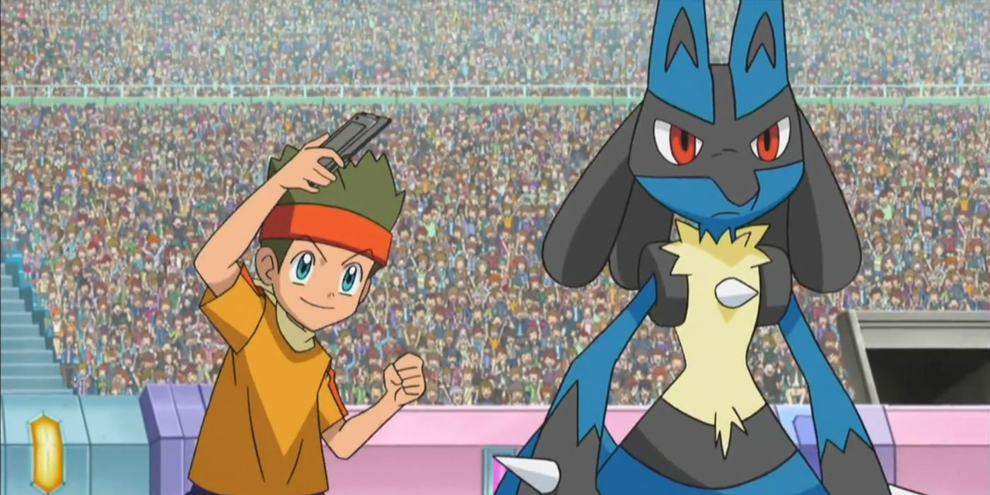 Cameron y su recién evolucionado Lucario en la Liga Teselia.