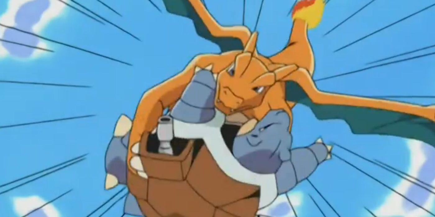 El Charizard de Ash derrota al Blastoise de Gary.