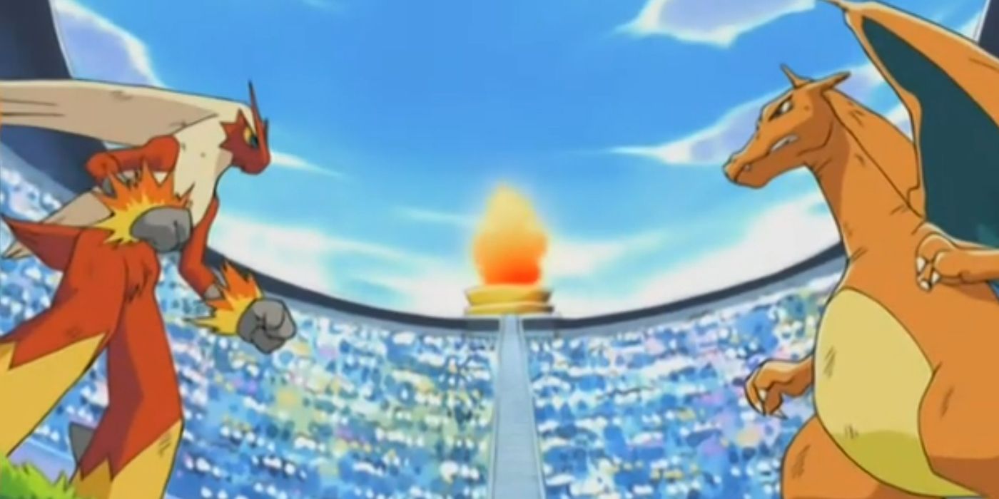 O Charizard de Ash enfrenta o Blaziken de Harrison.