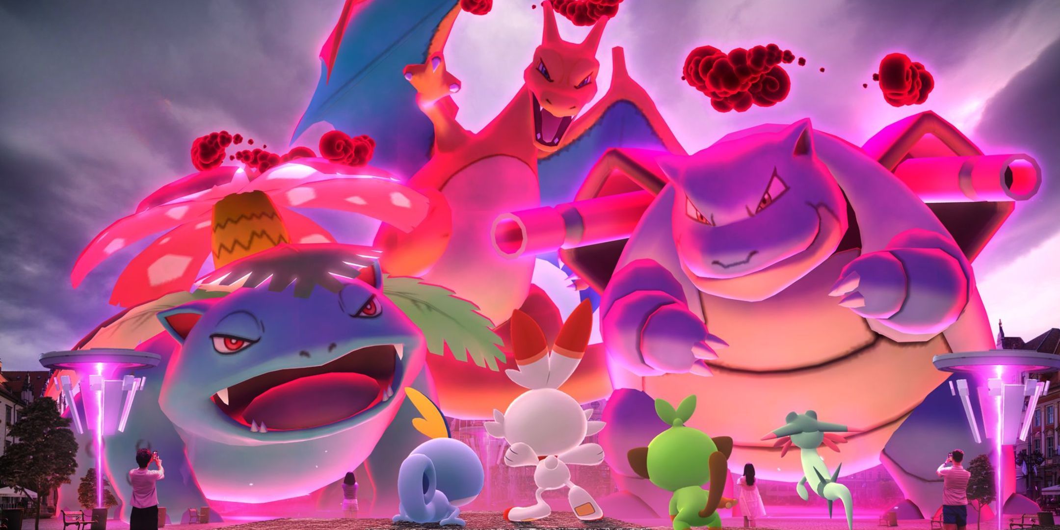 Pokemon Go Max Out Dynamax key artwork with giant versions of Venusaur Charizard and Wartortle