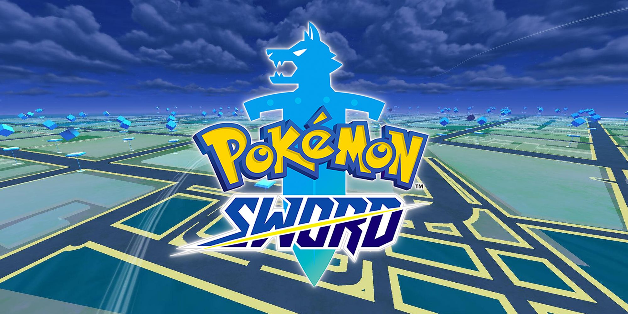 „Pokemon Sword“ logotipas rodomas „Pokemon GO“ žemėlapio fone