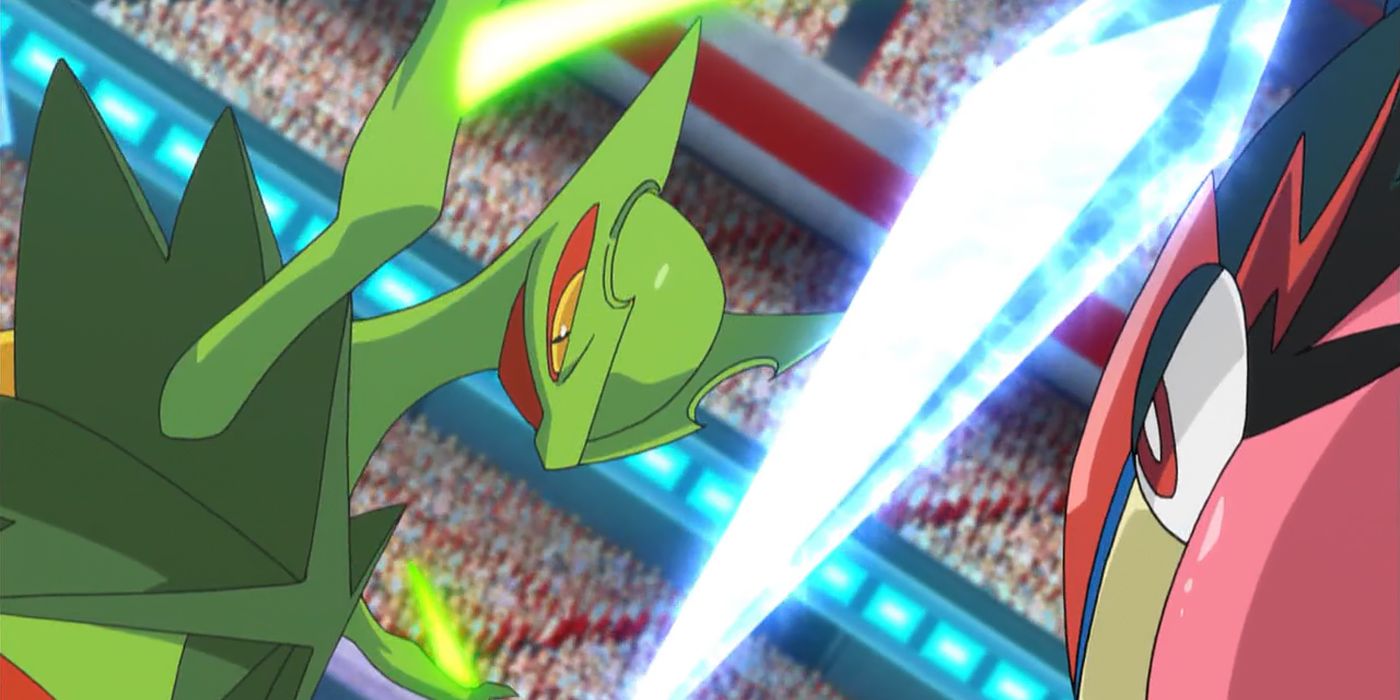 Ash Greninja lucha contra Mega Sceptile Sawyer.