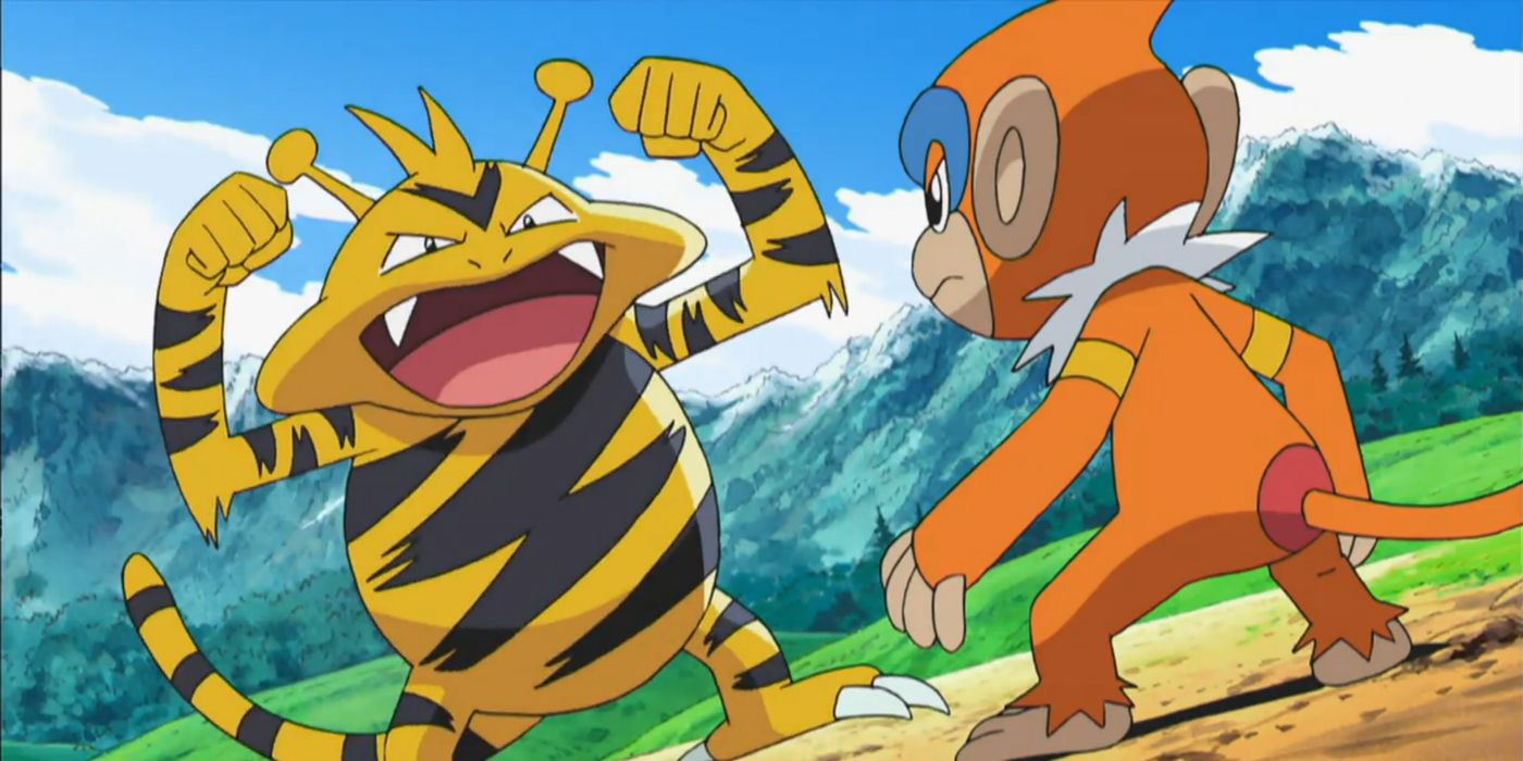 O Monferno recém-evoluído de Ash versus o Electabuzz de Paul.