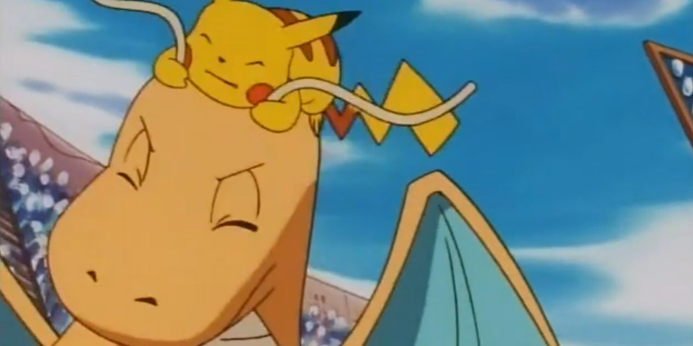 Pikachu se sube a la cabeza de Dragonite.