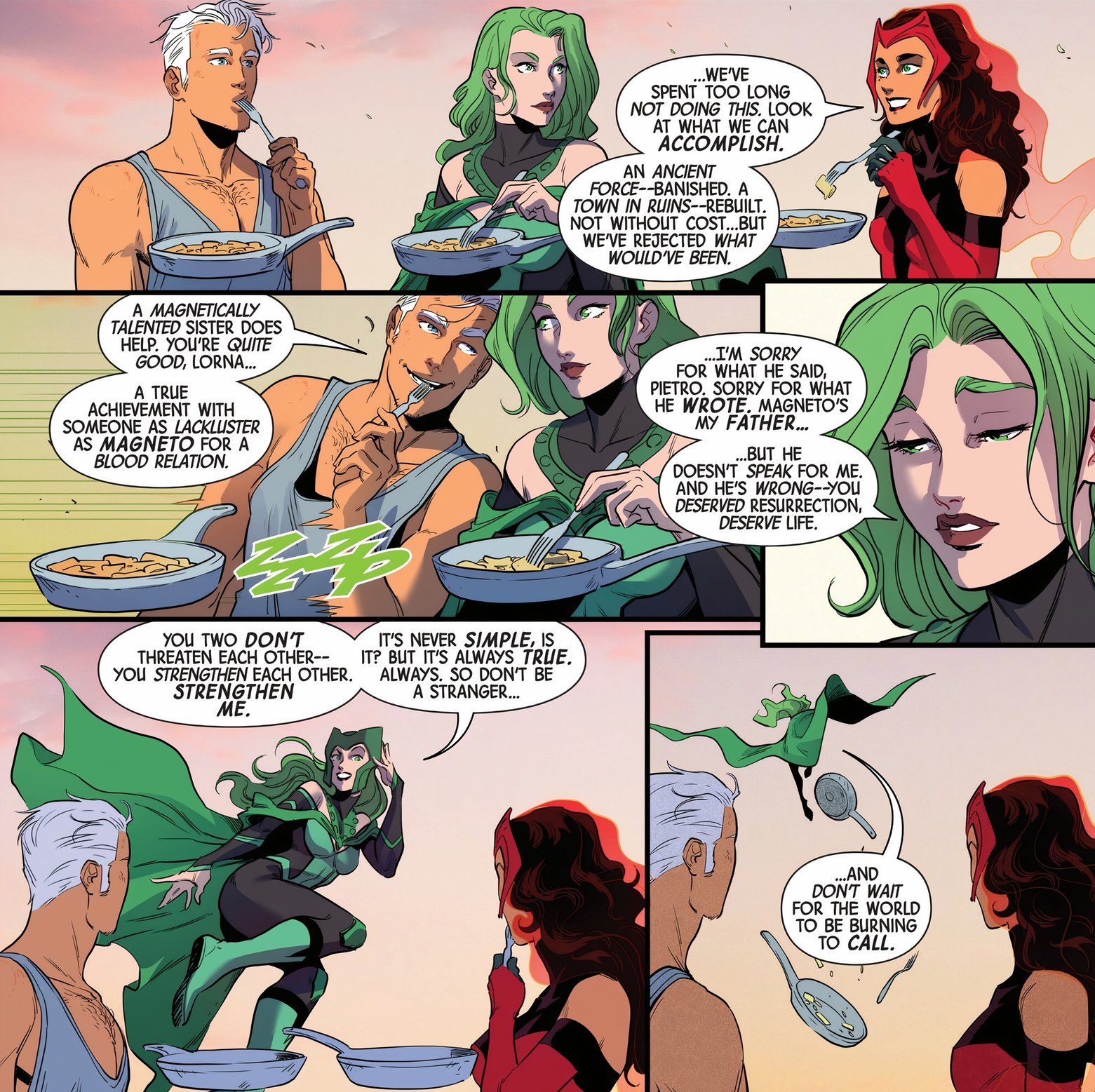 Polaris Quicksilver e Scarlet Witch jantam em um telhado antes que Polaris voe embora. 