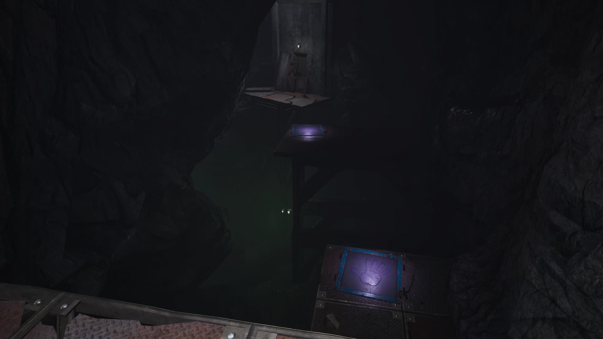 Image from Poppy Playtime Chapter 4 of a dimly lit room with platforms for the player to jump acorss to make it to the other side. A pit below the platforms adds a sense of fear, as falling would mean the end of their run. 