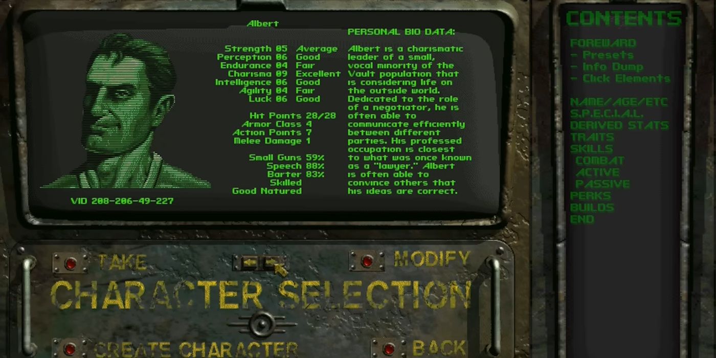 Premade character Albert Cole character sheet in Fallout 1.