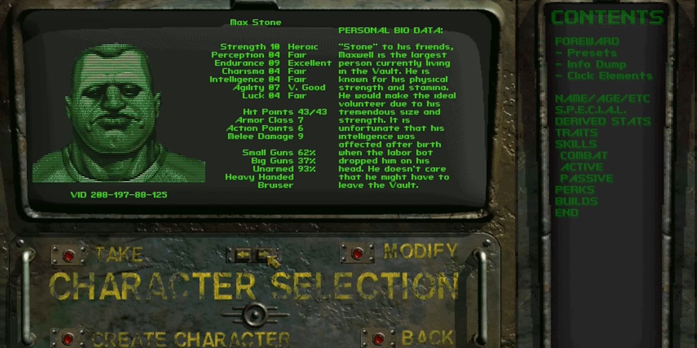 Premade character Max Stone character sheet in Fallout 1.