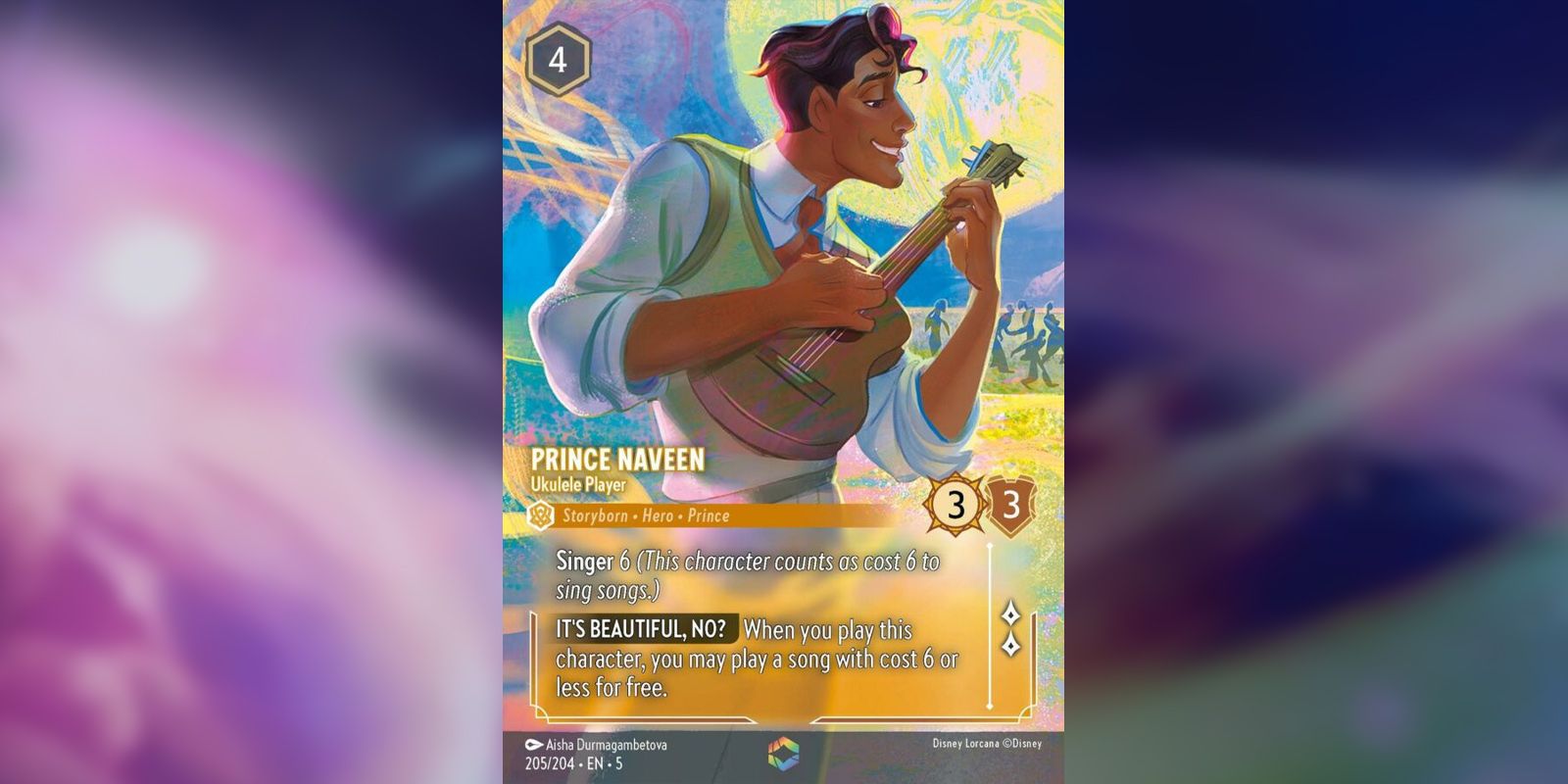 Príncipe Naveen Jogador de Ukulele Cartão encantado da Disney Lorcana mostrando Naveen dedilhando um ukulele ao luar.