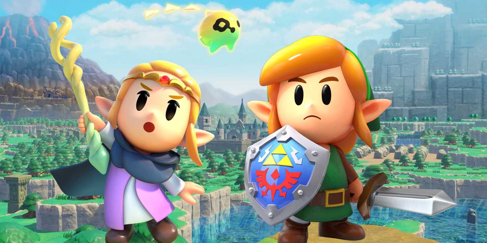 Princess Zelda from The Legend of Zelda: Echoes of Wisdom against a background from the game, with the version of Link from Link's awakening.
