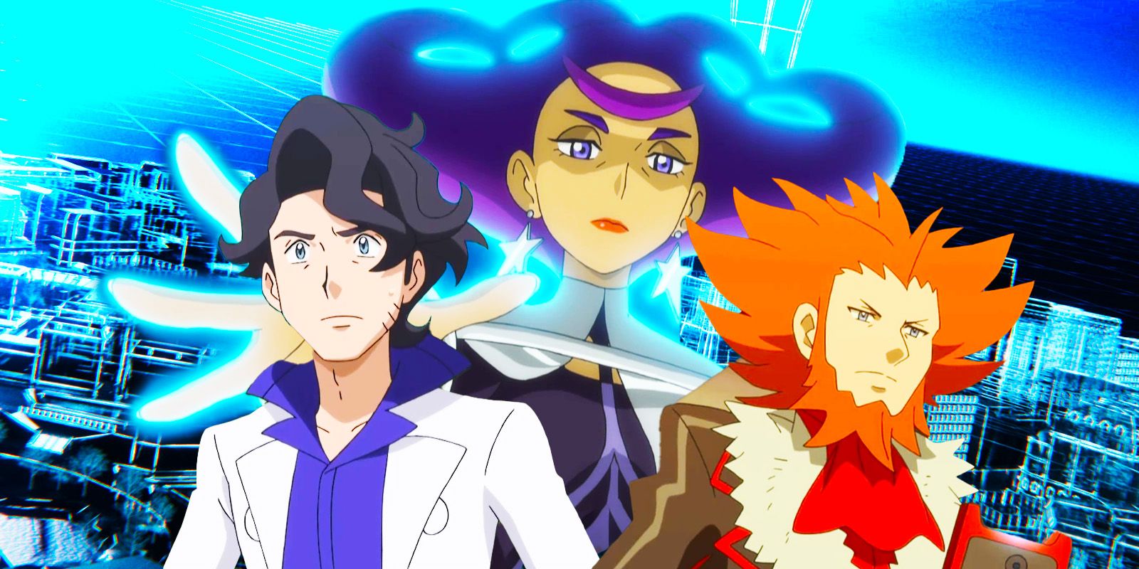 Professor Sycamore, Lysandre, and Olympia from Pokemon X & Y against a background from Legends Z-A