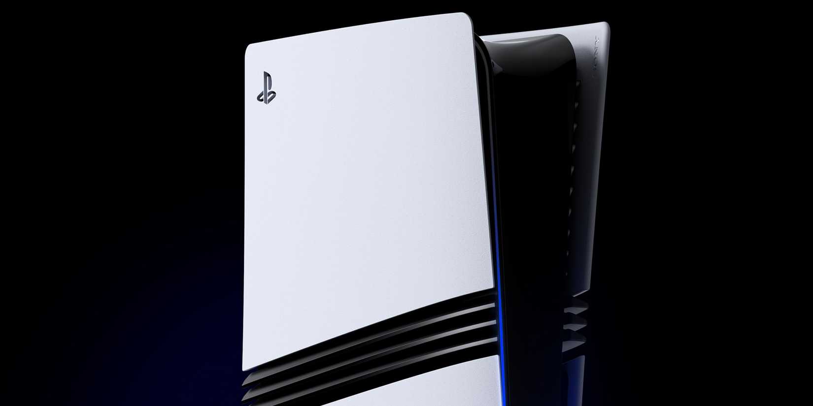 A close-up of the PS5 Pro on a dark background showing the top half of the console.