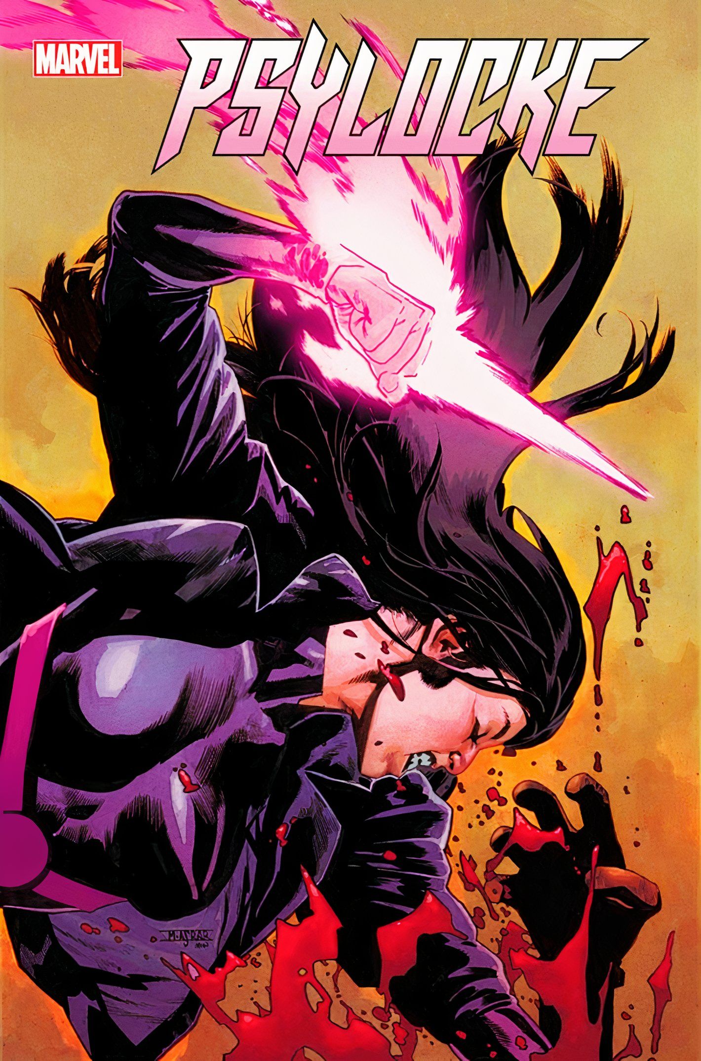 Psylocke #2 main cover, Psylocke stabbing downward with her psychic blade, blood splattering upward