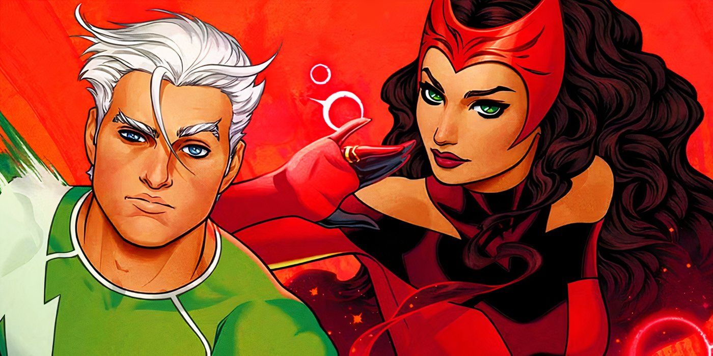 Comic book art: Quicksilver and Scarlet Witch pose together in front of a red background.