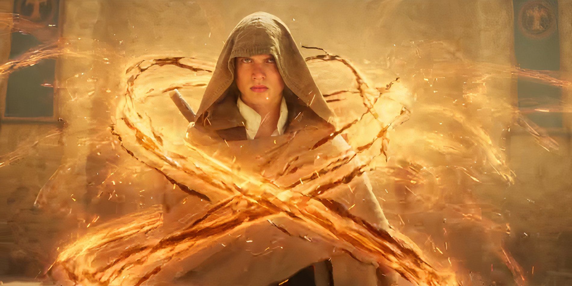 Rand al'Thor weaving fire to defeat the Seanchan forces in Falme in the Wheel of Time Season 2